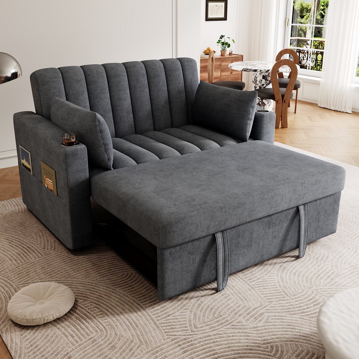 REDOM Slaapbank - Verstelbare Rugleuning En Uitschuifbaar - Met Bekerhouders En Opbergvakken - Grijs - Katoen-Linnen - 136 x 162 x 84 cm