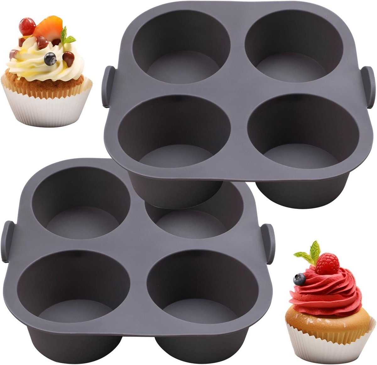 Siliconen Muffinvorm - Bakvorm Cupcakes - Bakken in Airfryer - 4-Kops Anti-aanbak - 16.5 cm Rond - Grijs