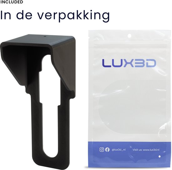 Zwarte beschermkap voor deurbel, naast een transparante verpakking met 'LUX3D' logo.