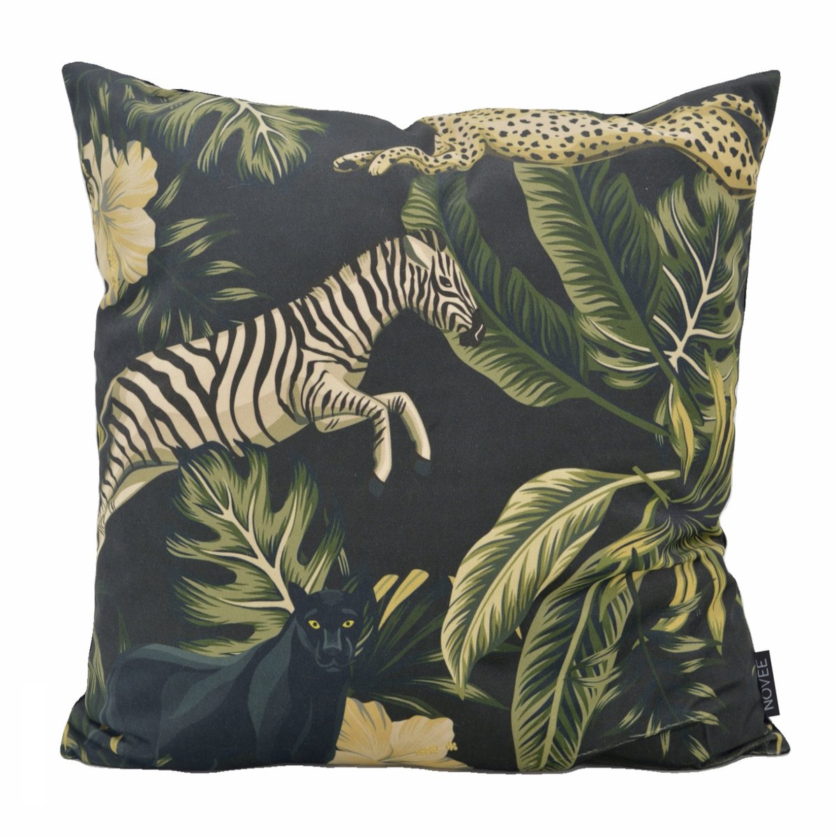 NOVÉE Sierkussen Wild Jungle #2 | 45 x 45 cm | Velvet/Polyester Zwart/Groen