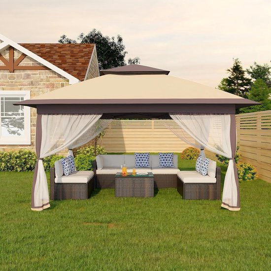 Opvouwbare partytent met horren, 3x3 m – kaki – 4 zijhorren, waterdicht, UV50+, pop-up, in hoogte verstelbaar, dubbel dak