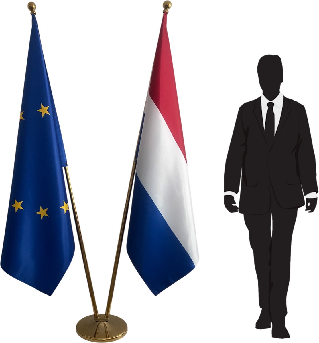 Nederlandse vlag + EU vlag met standaard - set van 2 vloervlaggen - goudkleurige mast - RVS voet 3 kg - telescopisch 2,5 m