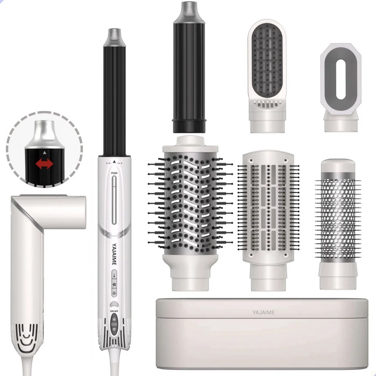 Yajaime® 7-in-1 Airstyler met opbergdoos - Multistyler - Wit/zilver - Hairwrap - Haarstyler - Haardroger - Warmteborstel - Krulborstel - Krultang - Stijlborstel - Coldshot - Krultang 5 in 1 - Fohnborstel - Roterende fohnborstel