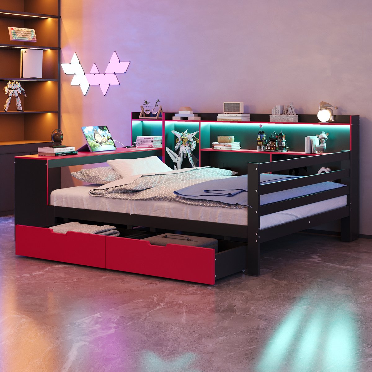 MODENUIT Slaapbank 140x200 cm – Zonder matras – Met Bureau, Boekenkast, Ledverlichting en Stopcontacten – Hout – Zwart/Rood