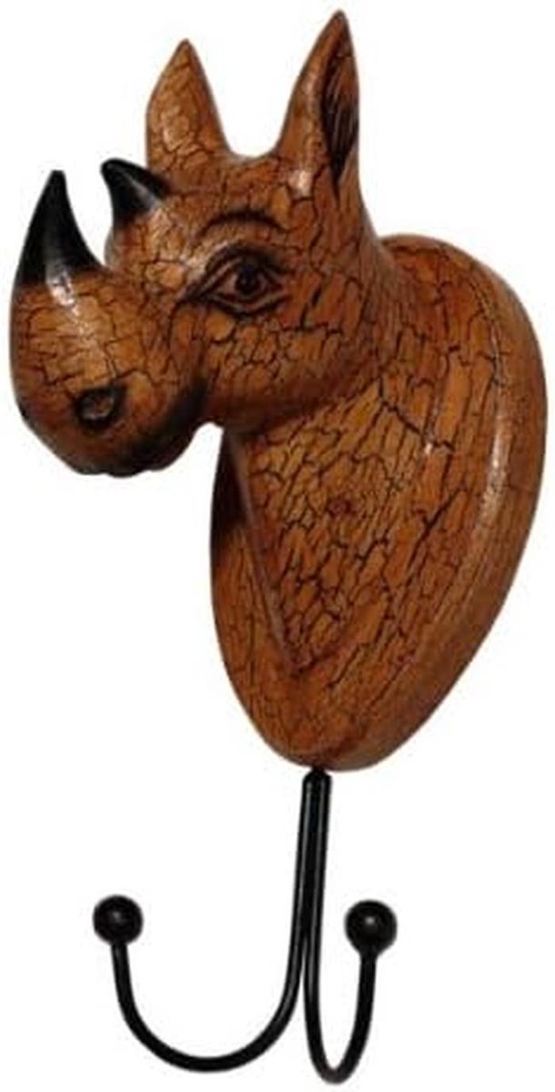 Kledinghaken Neushoorn - Wanddecoratie Hout - Kinderkamer Decoratie - Handgemaakt Uniek Ontwerp - 30x16x12 cm - Multicolor