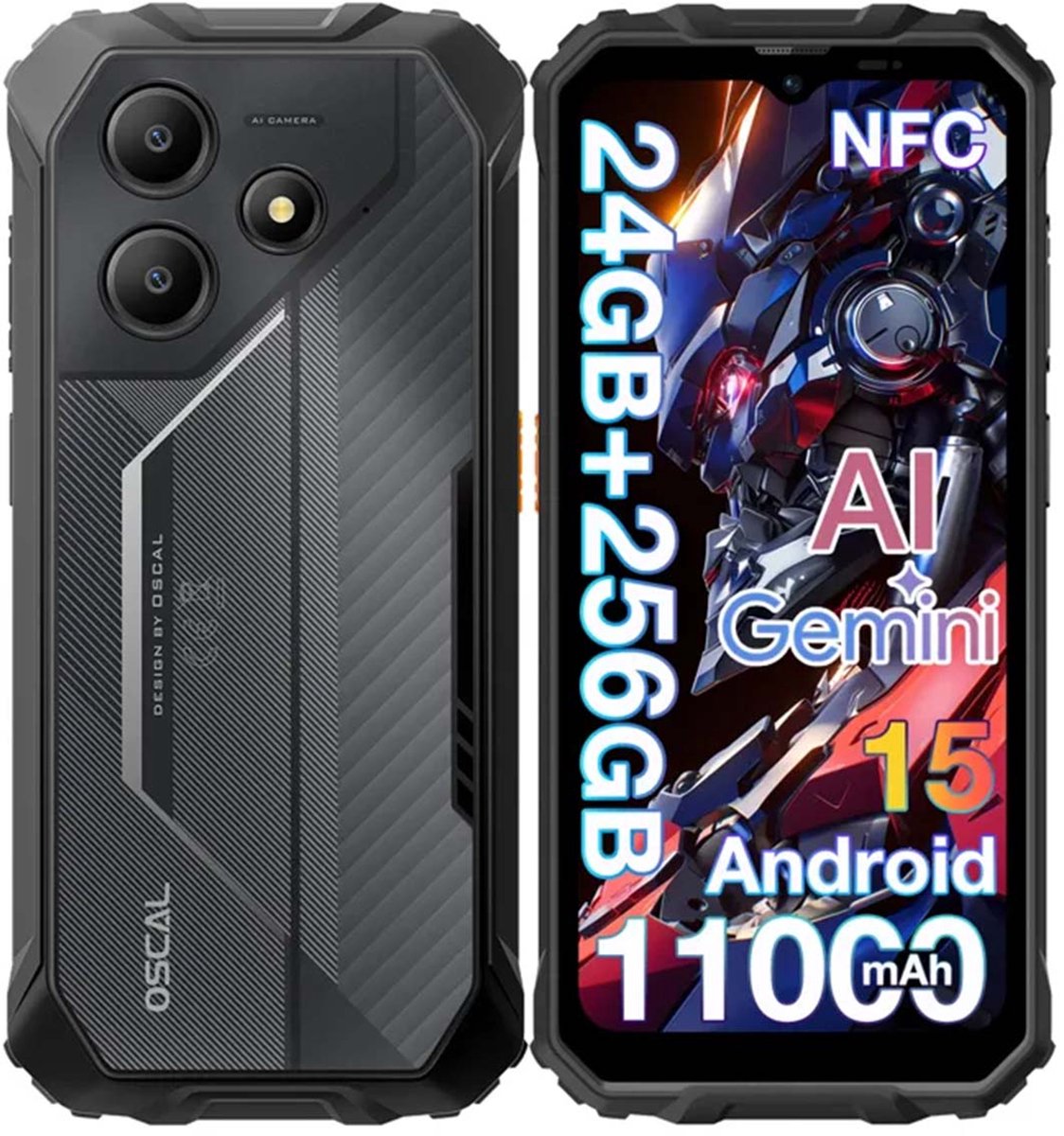 OSCAL MARINE 2 Robuuste Smartphone - Gemini AI - 24GB RAM+256GB ROM - 11000mAh Robuuste Telefoon - 6,56 Inch - IP68 IP69K - Dual SIM 4G - Android 15 - BT5.2 - NFC GPS - Zwart