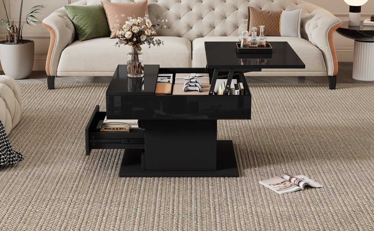 Wishdor Salontafel - Draaibaar En Hefbaar - Modern - Voor Woonkamer - Spaanplaat - Zwart - 70 X 70 X 45 Cm