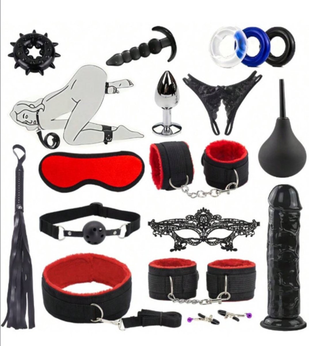 Oneay BDSM Extreme Bondage Set - 17 Delig -SM Handboeien - Dildo - Zweep / Anale plug / Tepelklemmen - Sex Toys voor Koppels - Seksspeeltjes voor mannen en vrouwen - Sex Pakket en Toys - rood