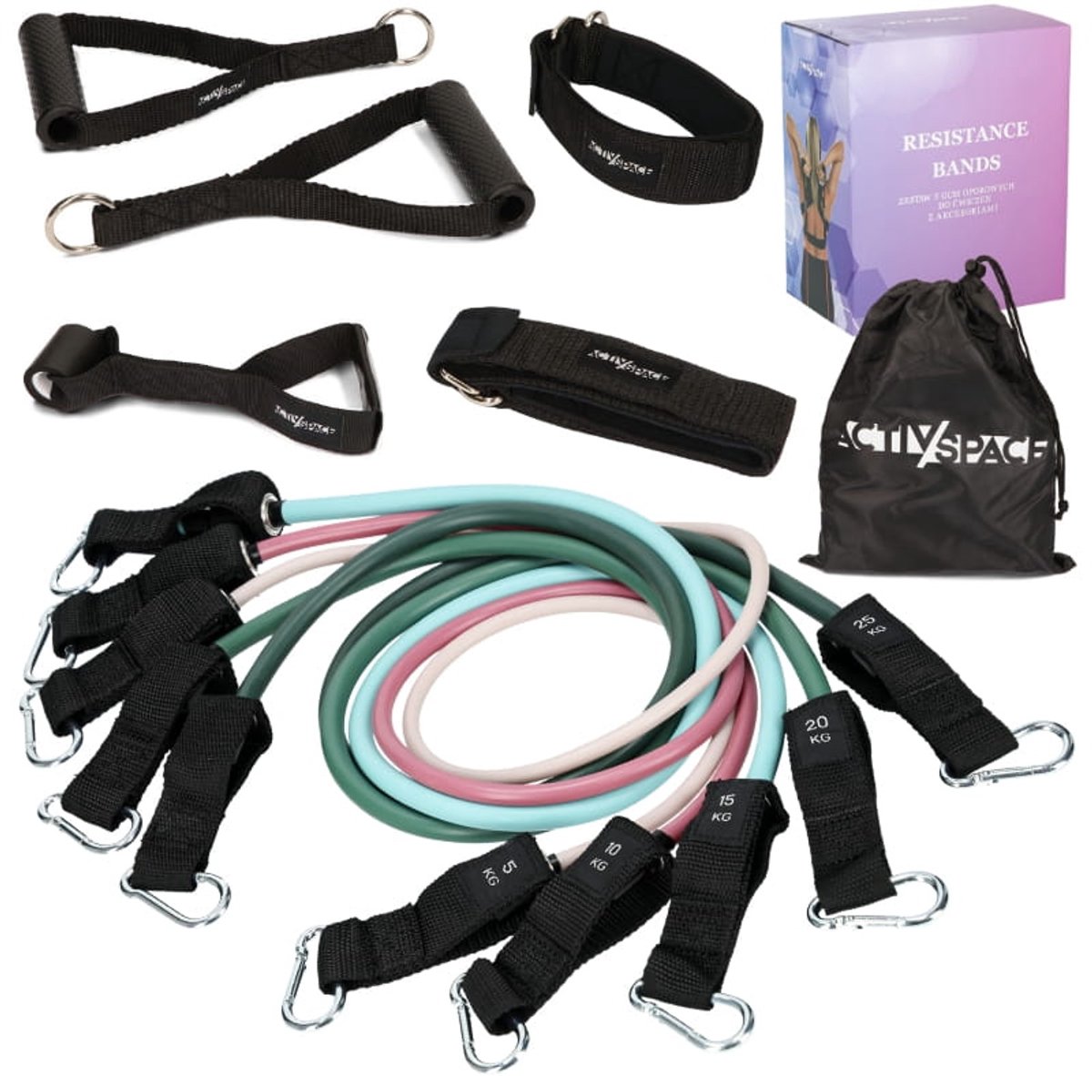 ACTIV SPACE - Weerstandsband Set - 5-75 kg - Met Handgrepen en Deuranker - 5 Stuks