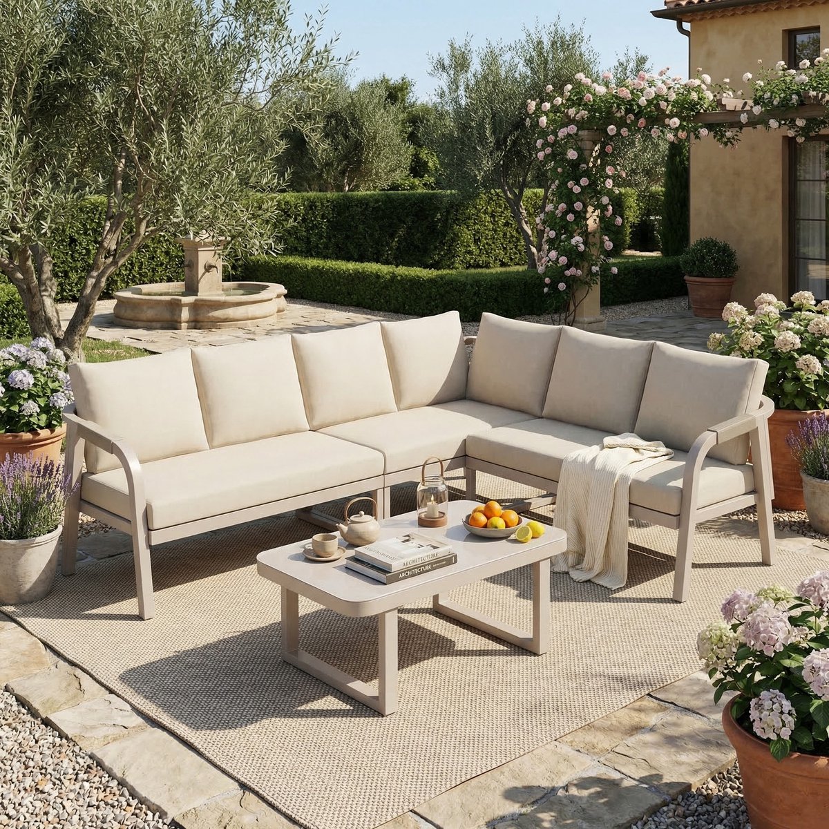 Sweiko Tuin loungeset - Hoekbank - Met salontafel - 6-zitsbank - Metalen frame - Met kussens - Beige