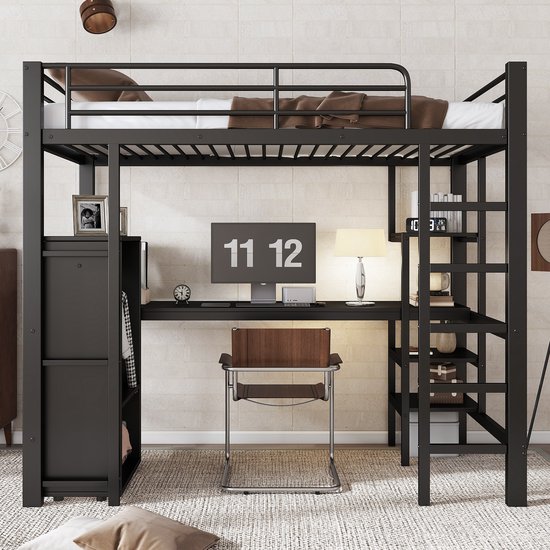 MODENUIT Hoogslaper 90x200 cm – Met Bureau, Kast en 3 Opbergvakken – 5-treeds Ladder – Metaal en MDF – Zonder matras – Zwart
