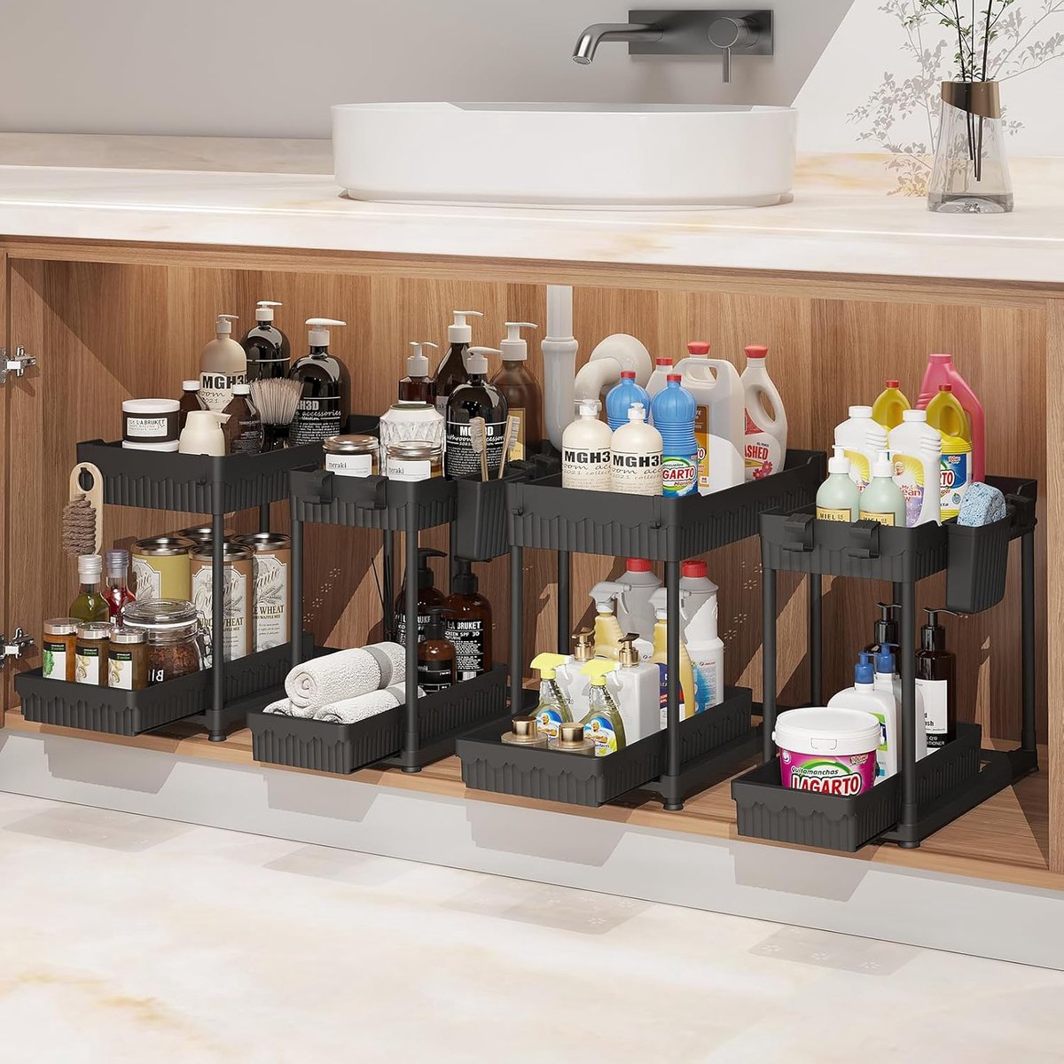 Gootsteen Organizer - Opbergrek Keuken - Ruimte Besparen - Uitschuifbare Laden - 4 Stuks - Zwart