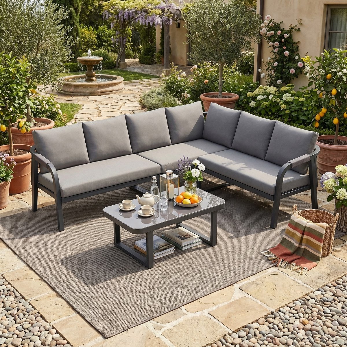 Sweiko Tuin loungeset - Hoekbank - Met salontafel - 6-zitsbank - Metalen frame - Met kussens - Grijs