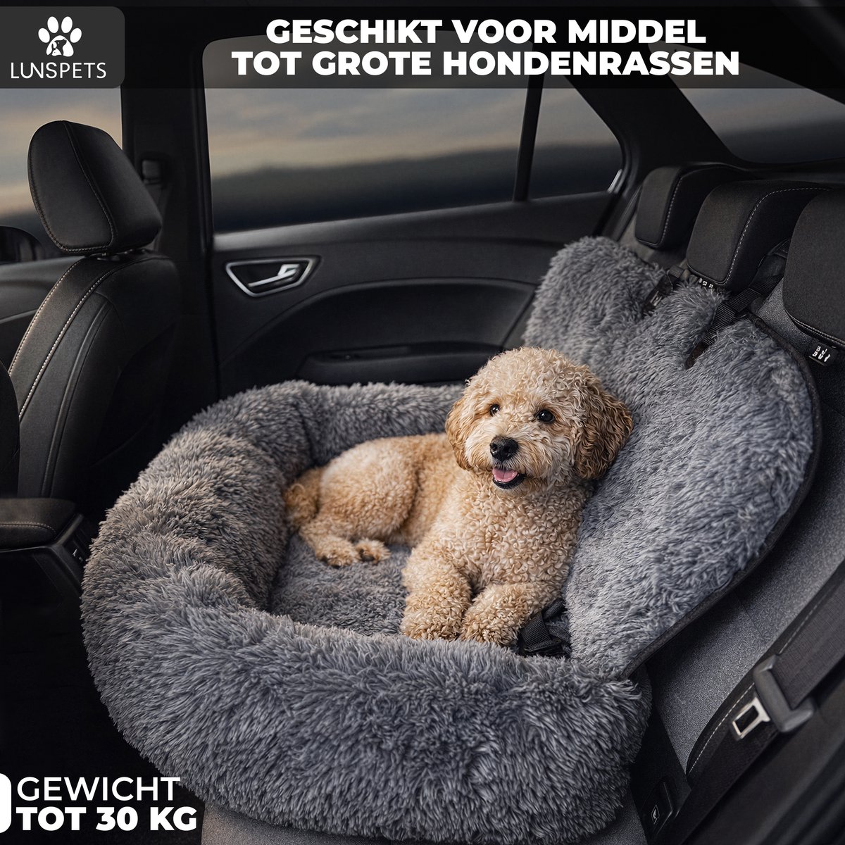 Lunspets - Hondenmand Auto - Autostoel Hond - Automand hond - Hondenstoel Auto - 90x60 CM- Incl. Autogordel - Geschikt voor elke auto - Donkergrijs – foto 2