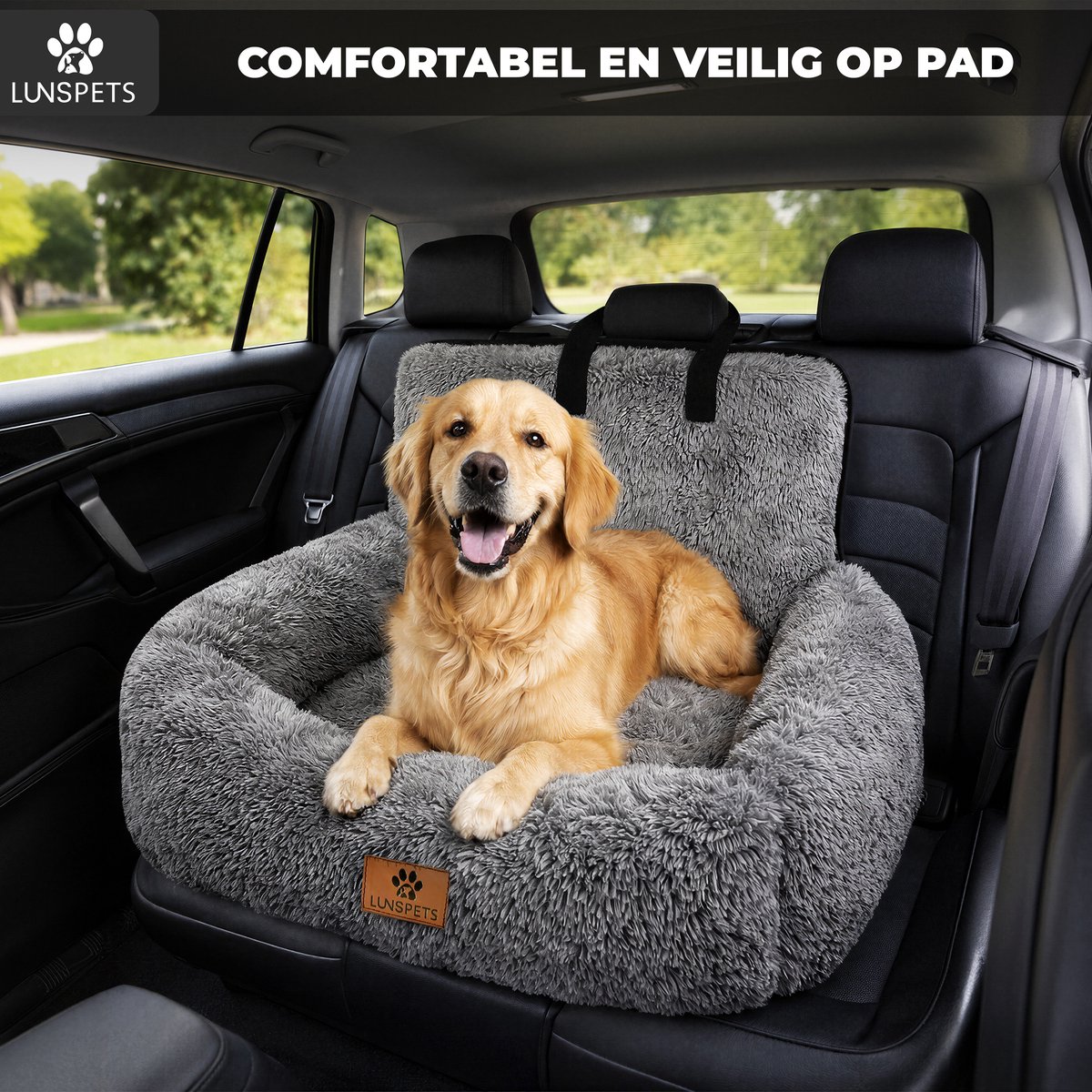 Lunspets - Hondenmand Auto - Autostoel Hond - Automand hond - Hondenstoel Auto - 90x60 CM- Incl. Autogordel - Geschikt voor elke auto - Donkergrijs – foto 3