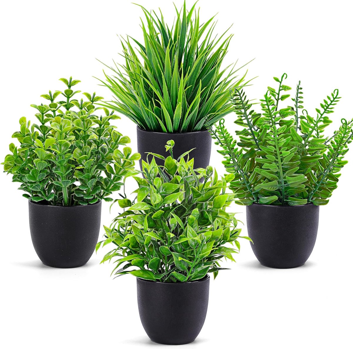 4-delige set kunstplanten - Compacte kunstplanten in potten - Miniatuurgroene planten voor binnenshuis - Decoratie voor thuis of op kantoor - Kunstplanten voor op de boekenplank