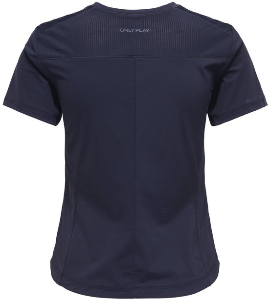 Donkerblauw Only Play sportshirt met korte mouwen en een subtiel gestructureerd vlak op de rug met 'ONLY PLAY' tekst.