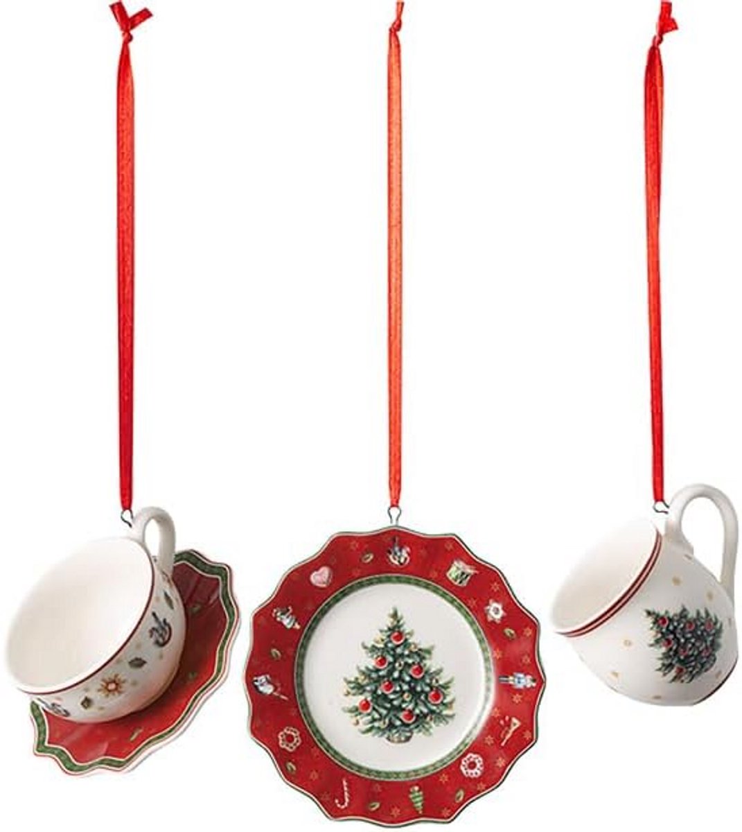 Decoratief Servies Set Rood Wit Groen Porselein - 3 Delig