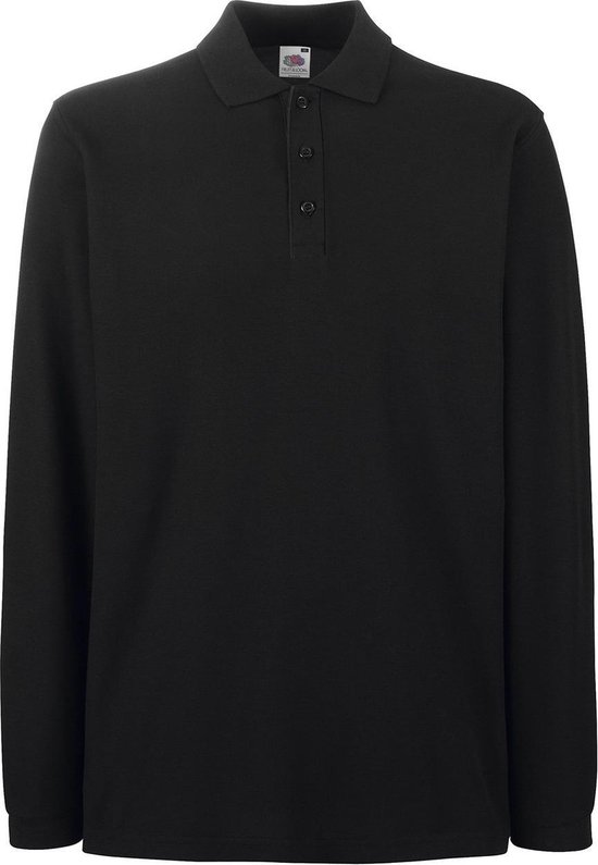 Polo noir à manches longues avec trois boutons et une patte de boutonnage.