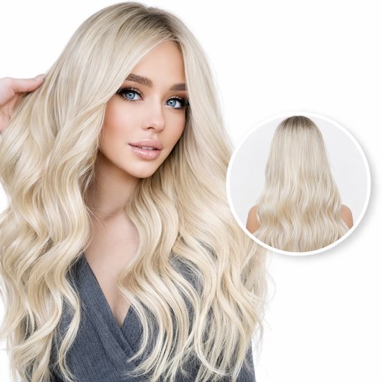 Lang blond golvend haar met highlights en donkere aanzet. De binnenste cirkel toont de achterkant.