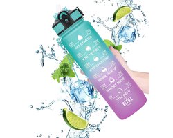 Waterflessen - Waterfles - Sportwaterfles - 1 liter - Met tijdsaanduiding - Met rietje - Lekvrij ontwerp - Geschikt voor sport, wandelen, fitness en outdooractiviteiten - Groen en paars