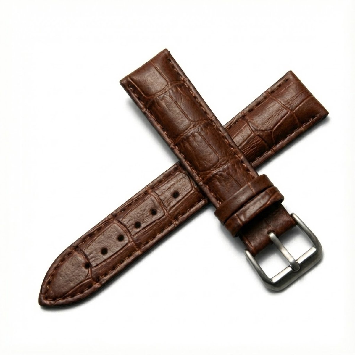 Bruin horlogebandje 18 mm geschikt voor dames en heren met krokodillenlook structuur en zilverkleurige gesp, smal vervangend horloge bandje met stiksel