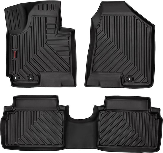 Ensemble de quatre tapis de sol de voiture 3D noirs avec un rebord surélevé et des rainures.