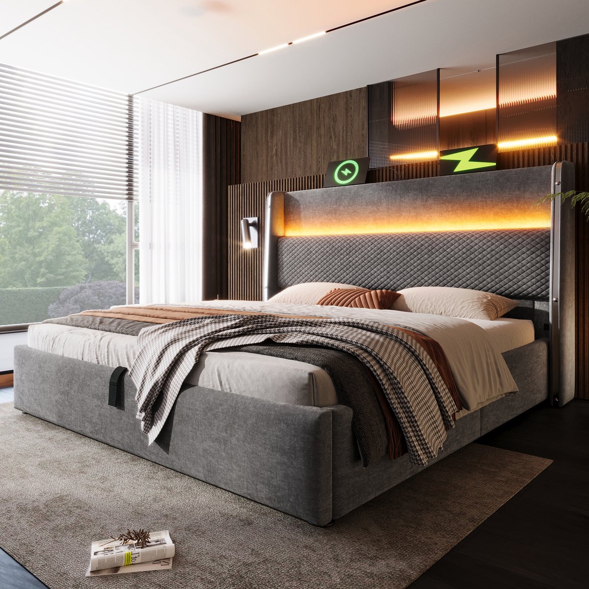 MODFU Bedframe 180x200 cm – linnen grijs – met LED, USB/Type-C en hydraulische opbergruimte – hoog hoofdbord