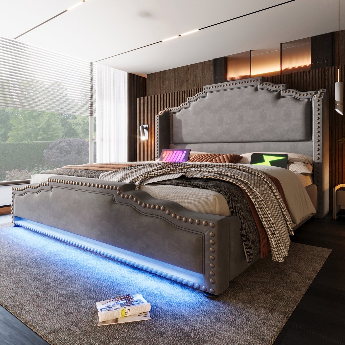REDOM Bedframe 140x200 cm van fluweel – Met LED (60.000+ kleuren), USB/Type-C, 4 lades en vintage design – Grijs