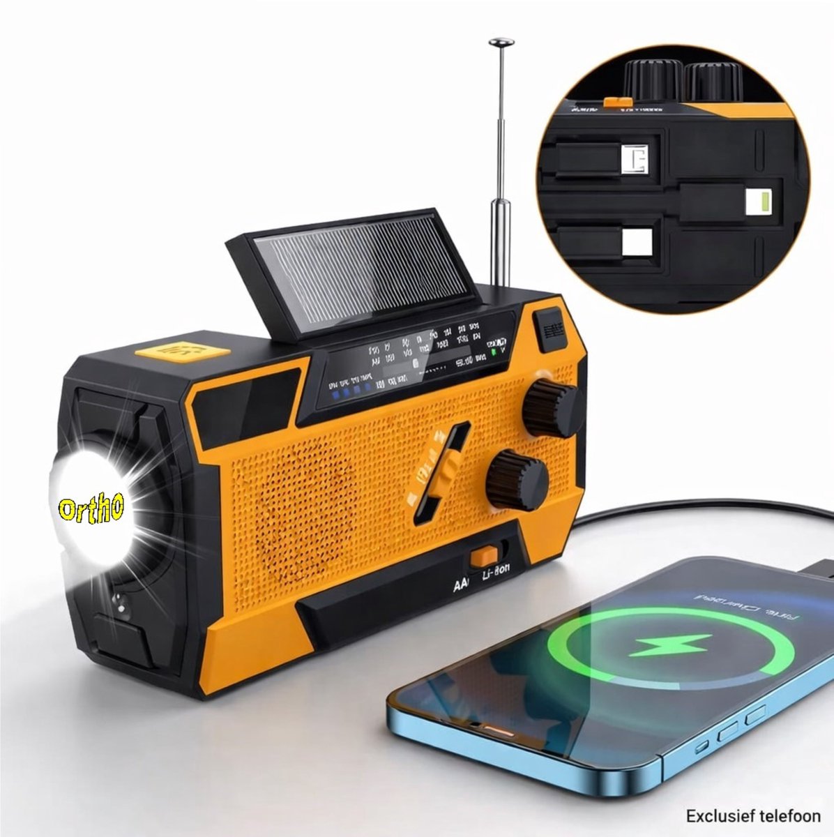 Ortho® - Nood radio - Solar opwindbaar en batterij - Powerbank - Camping - DAB+ - Noodpakket - Zaklamp - USB-C kabel - SOS Alarm
