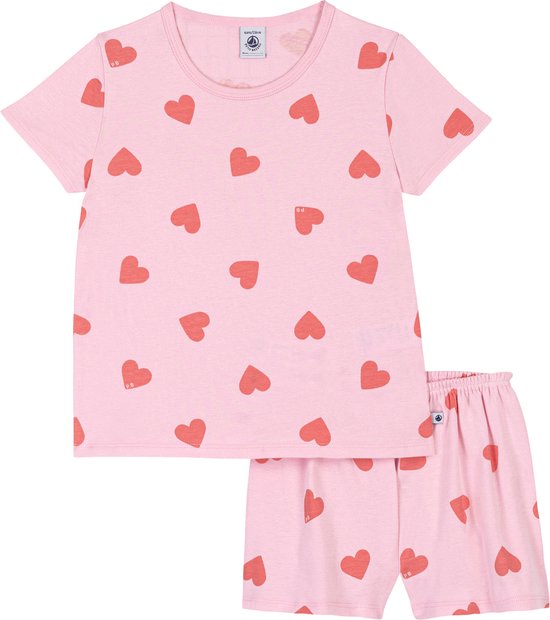 Pyjama rose à manches courtes et short, imprimé cœurs rouges.