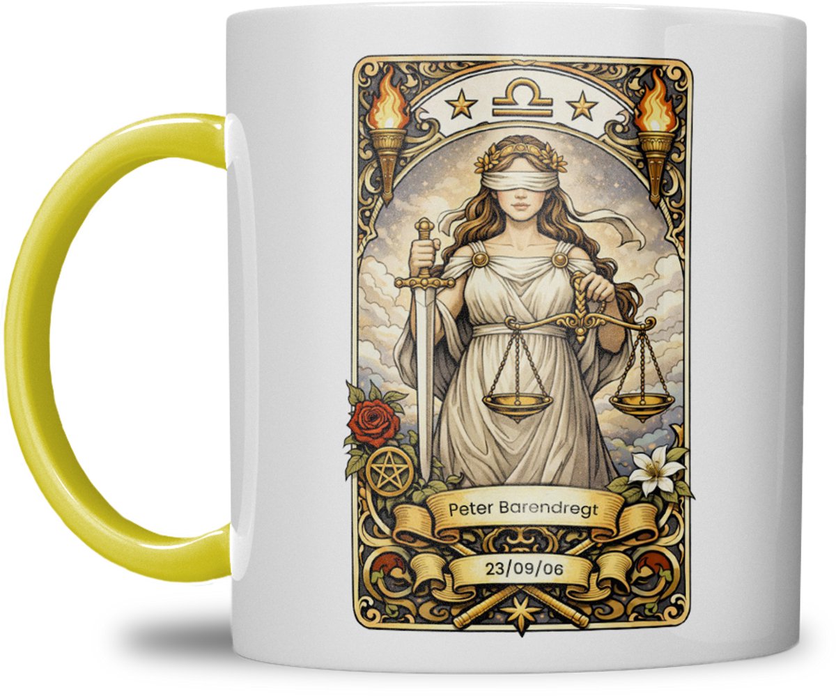 Sterrenbeeld mok - Weegschaal - Geel - Tarot mok - Gepersonaliseerd met naam en datum