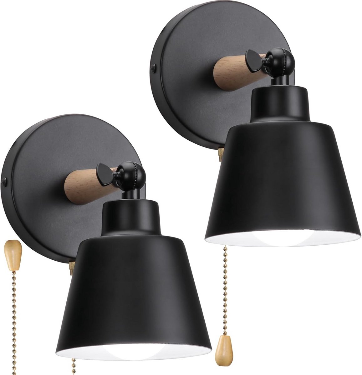 Set van 2 Vintage Wandlampen Zwart met Trekkoordschakelaar | Industriële E27 Sconce voor Woonkamer en Slaapkamer