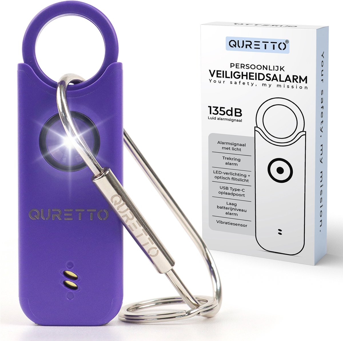 QURETTO® Persoonlijk Alarm 135 dB met Vibratiesensor – Inbraak- & Noodalarm – Veiligheidsalarm Sleutelhanger – Voor Vrouwen, Ouderen & Kinderen – Zelfverdediging & Wolvenverjager – USB-C Oplaadbaar met LED Zaklamp – Alarmknop