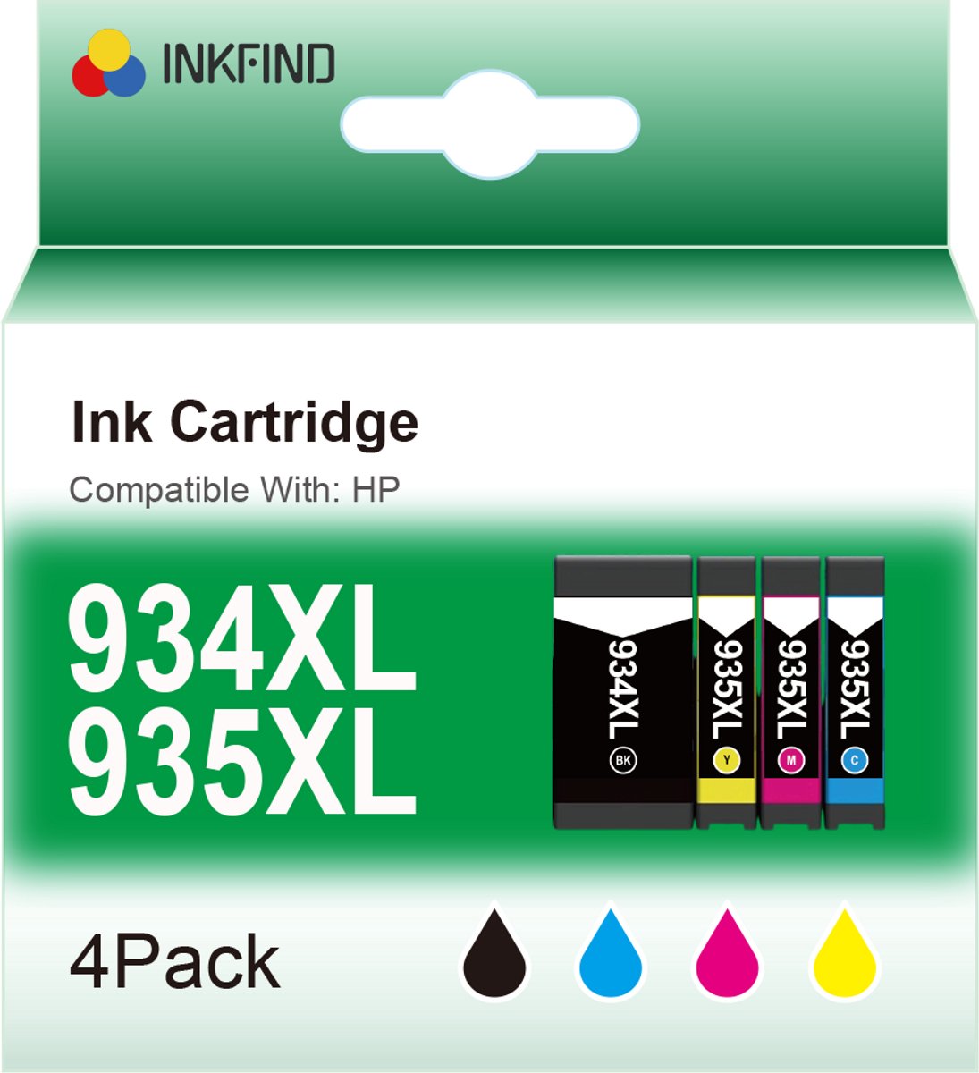 INKFIND 934XL 935XL Geschikt voor HP934 934 HP935 HP 935 HP934X 935X Inktcartridge - Hoge Capaciteit 4 -pack (1 x Zwart, 1 x Cyaan, 1 x Magenta, 1 x Geel) voor HP Officejet Pro 6230, HP Officejet Pro 6820, HP Officejet Pro 6830, HP OfficeJet Pro 6800