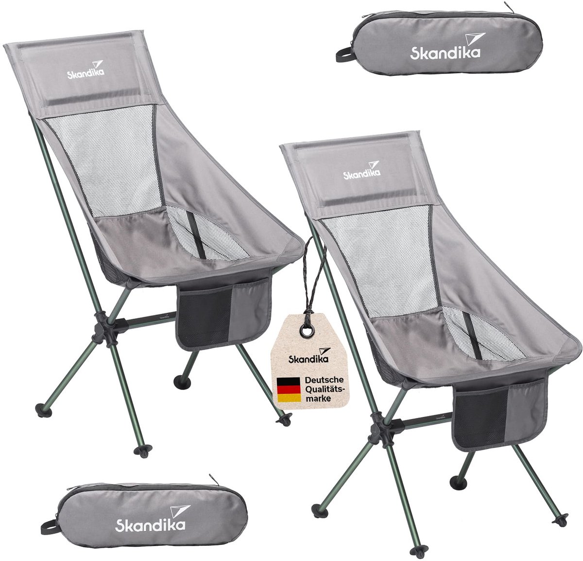 Skandika Campingstoel Compact SET – Campingstoelen – Campingstoel tot 150 kg belastbaar - Kampeerstoel, Visstoel, kleine pakmaat, opvouwbaar, stabiel, licht, comfortabel gepolsterd – Draagtas meegeleverd – Vouwstoel – Kampeermeubelen – grijs