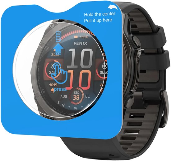 Zwarte Garmin Fenix smartwatch met een schermprotector. De blauwe overlay geeft de instructies aan.