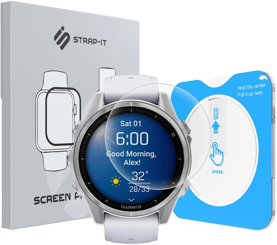 Strap-it Screenprotector Tempered Glass 43mm met One-Click Tool – geschikt voor Garmin Fenix 8 (43mm) – bubbelvrij, krasbestendig, eenvoudige montage – Transparant