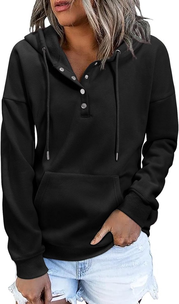 Dames Hoodie met V-hals en Knoopsluiting - Warme Casual Trui voor Herfst en Winter