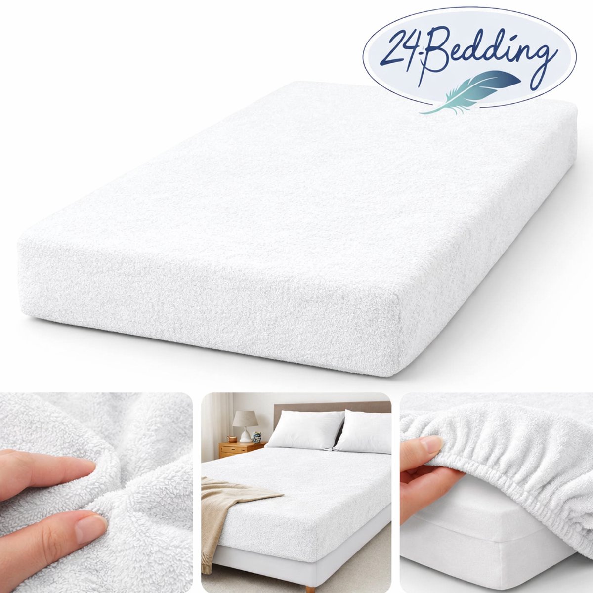 24-Bedding - 2 stuks !! - Badstof Hoeslaken - Extra Zwaar - 180 gr/m2 - 90x210 cm - Wit - 30 cm