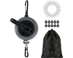 Waslijn - 10 Meter - Uittrekbaar - Oprolbaar - Waslijndraad - Inclusief Wasknijpers - Waslijn Camping - Kamperen - Reizen - Zwart