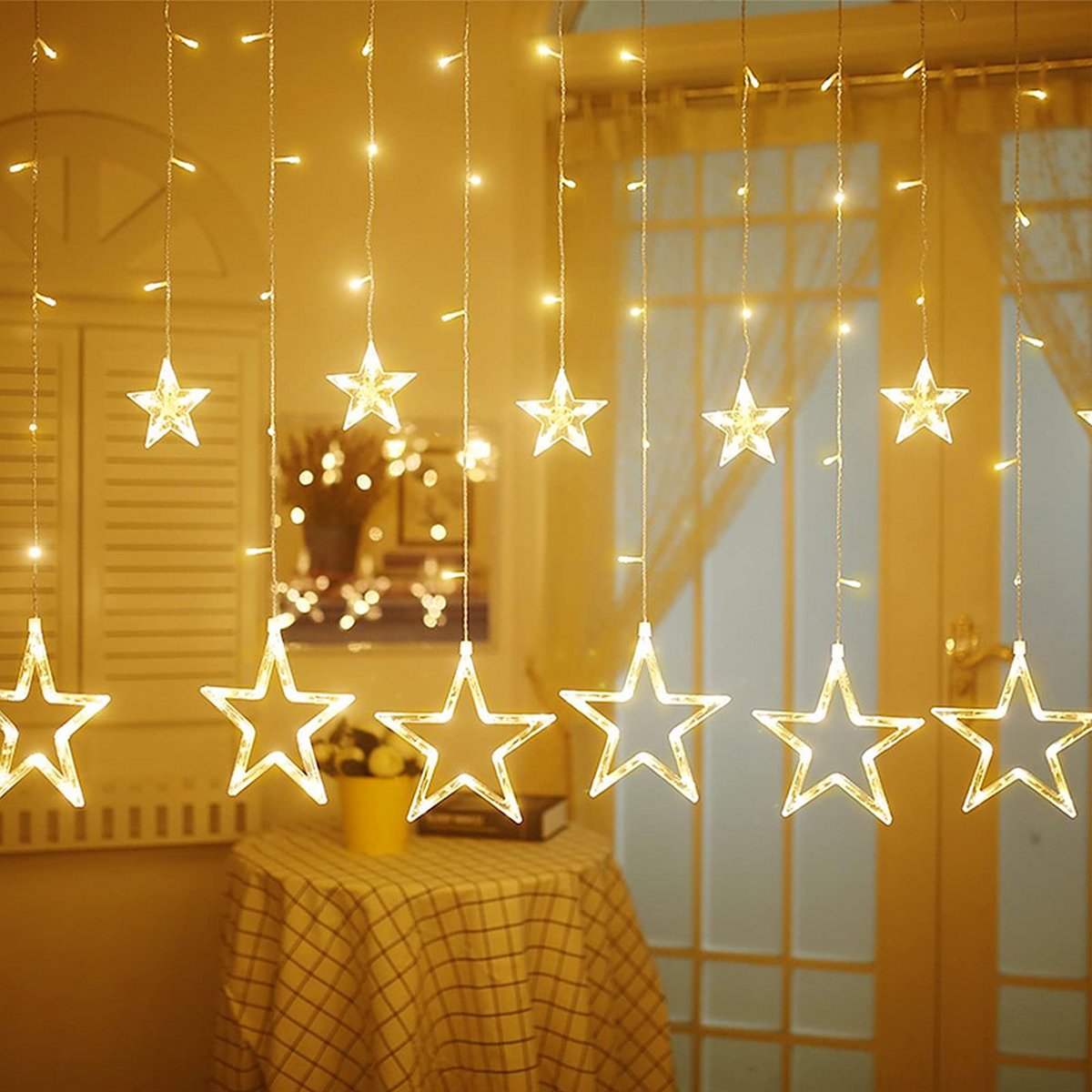 Sterren LED-gordijnslinger - Plug-in voor binnen en buiten Sterren LED-raamverlichting - Decoratie voor slaapkamer, kerstfeest, terras - Warm wit - 3,5 m