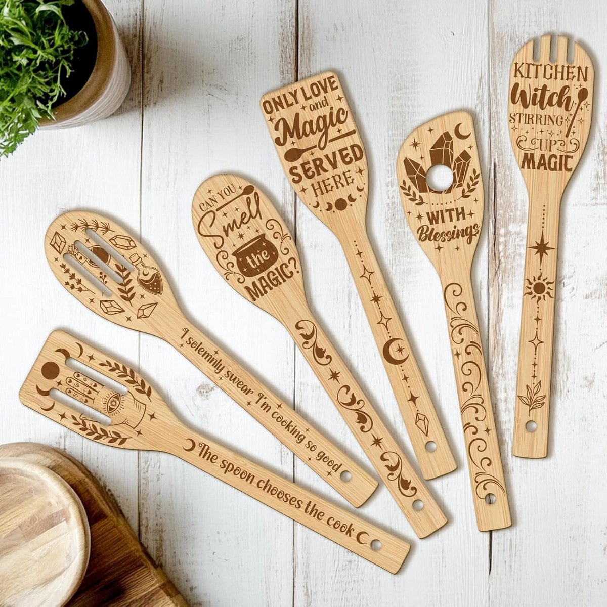 Set van 6 Houten Keukengerei Lepels en Spatels van Bamboe voor Koken en Bakken