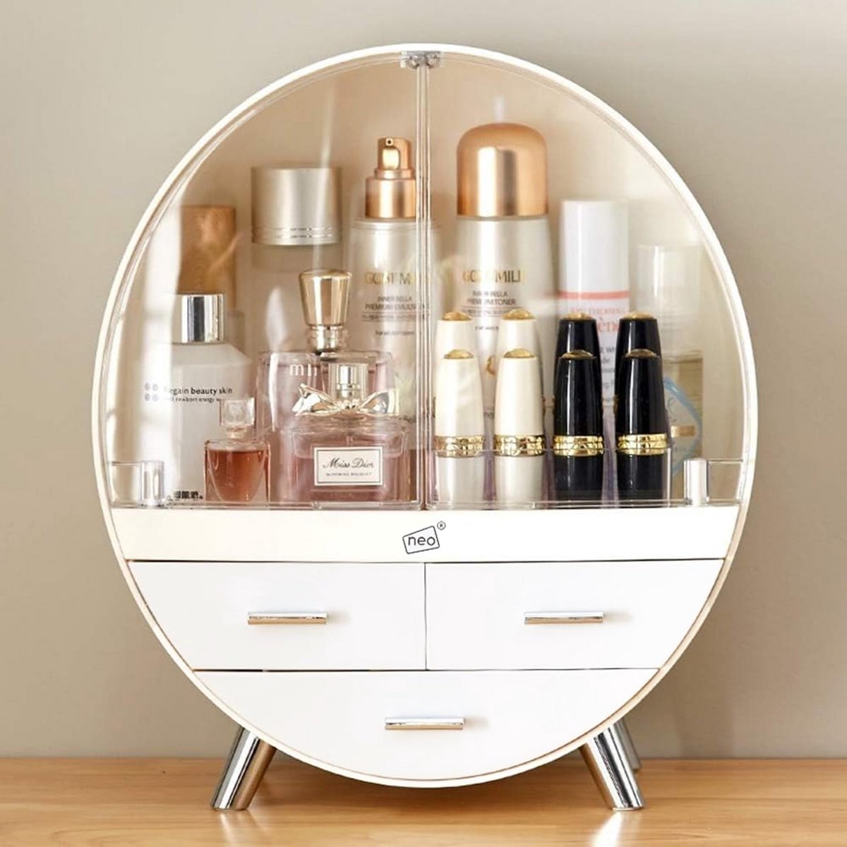 Ronde Desktop Make-up Organizer met 2 Lades - Cosmetica Opbergkast