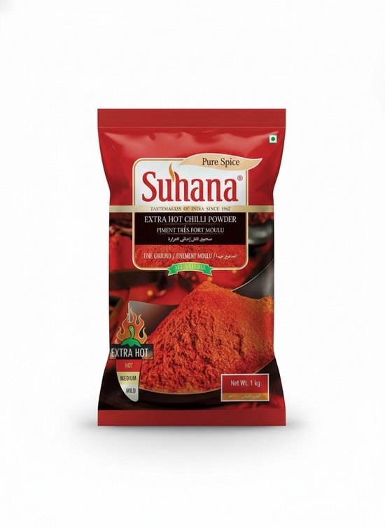 Suhana Chilipoeder EXTRA PITTIG - 1000g - Extra Hot Kruidenpoeder - Voor het op smaak brengen van scherpe gerechten - 1kg met Kajal Sticker