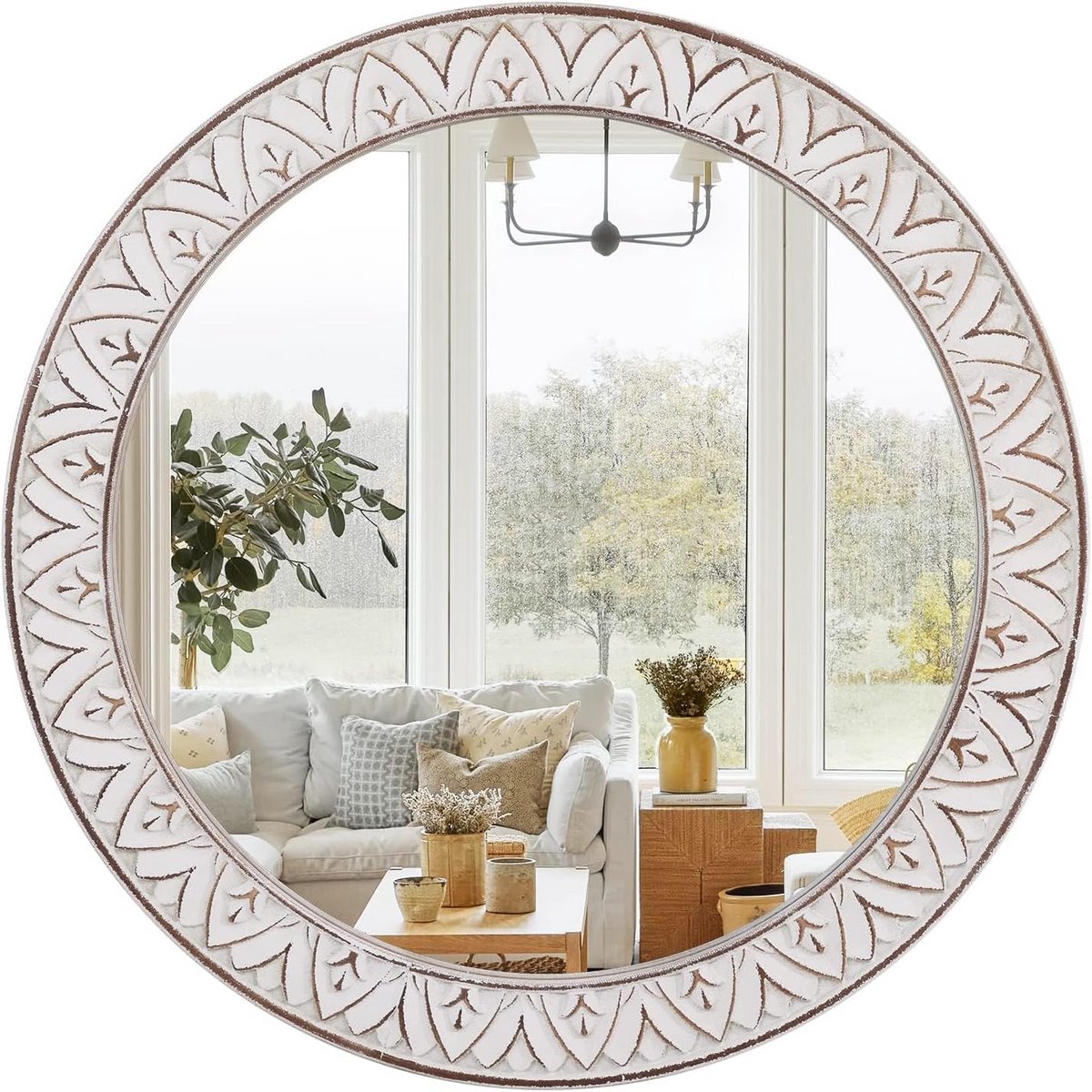 Ronde Wandspiegel 60 cm met Rustiek Houten Frame - Decoratieve Cirkelspiegel voor Badkamer, Woonkamer en Hal