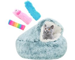 Kattenmand - Kattenbed - Kattenmandje Poes - Kattentunnel Pluche - Poezenmand - Kattenspeelgoed - Reismand Kat - Inclusief 3 Kattenspeeltjes - Blauw