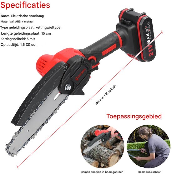 Elektrische Kettingzaag – 21V 15 cm – Borstelloze Motor – 2x 1200mAh Batterijen – Tuin & Hout — afbeelding 5