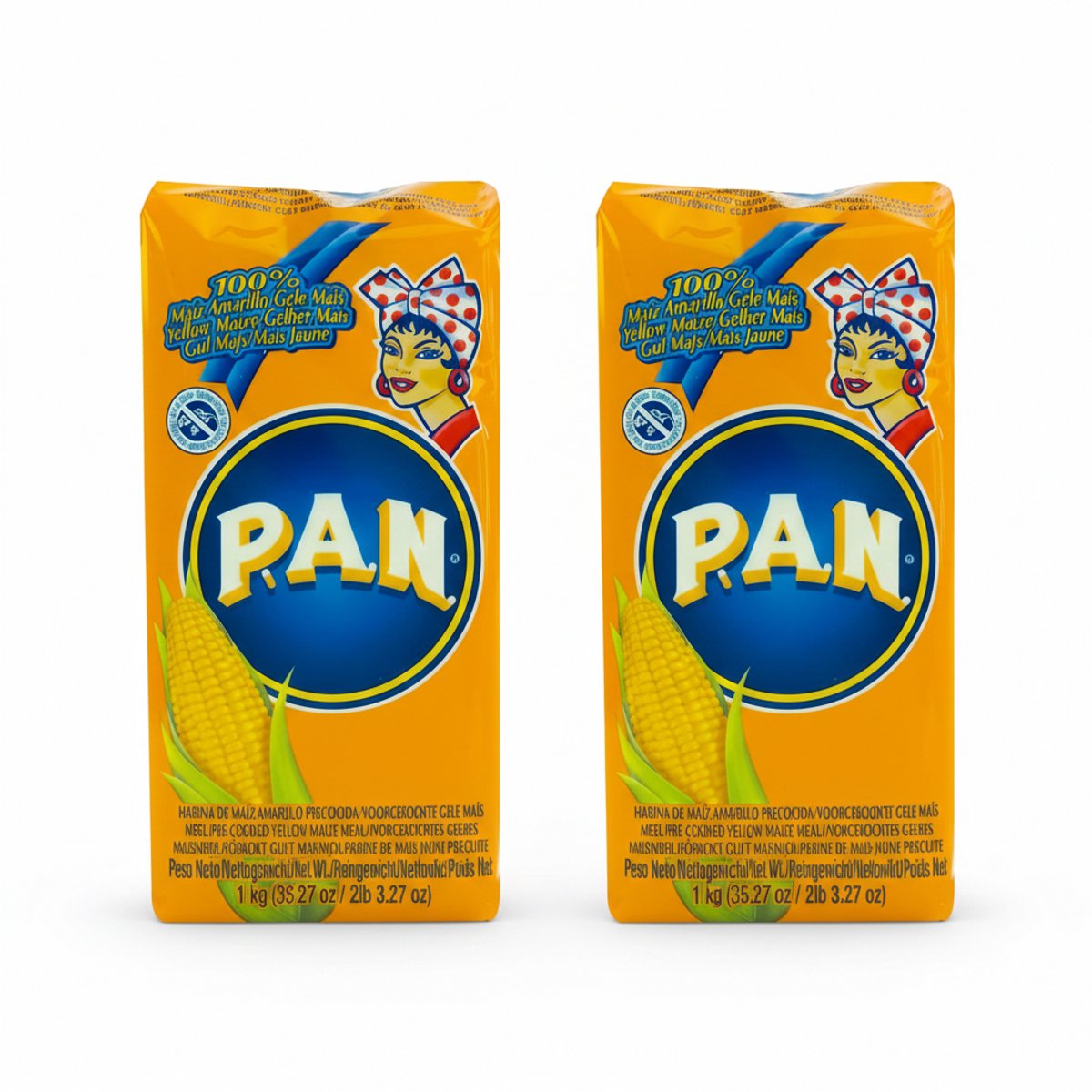 Duo-pack: 2 x 1 kg Voorgekookt Geel Maismeel (Harina de Maíz Amarillo) - Geel Maïsmeel in Oranje Verpakking - Totaal 2kg met Kajal Sticker