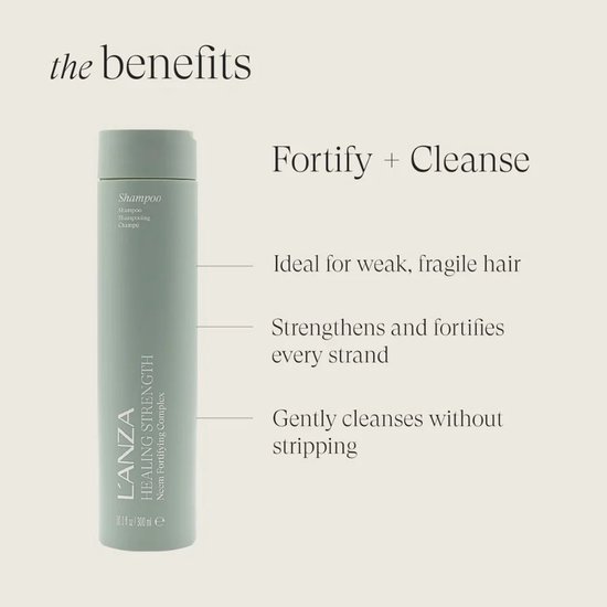 L'ANZA Healing Strength Shampoo fles in pastelgroen. Ideaal voor zwak, breekbaar haar.